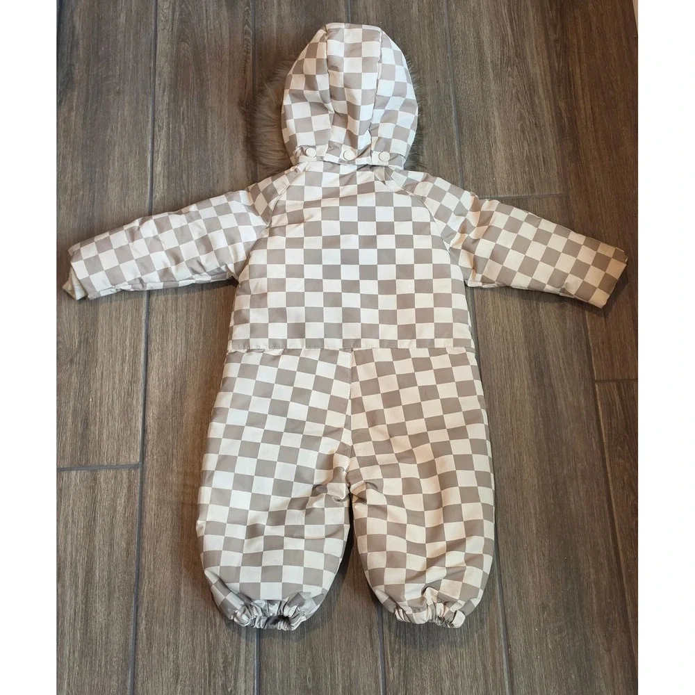 Rylee + Cru Kids Checkered Snowsuit Tan Cream Faux Fur Hood Down Fill 12-18m